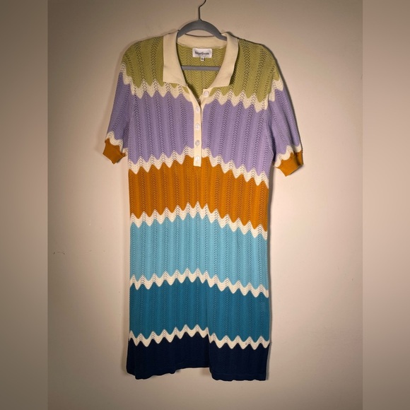 Heartloom Chevron Knit Laurent Beach Cover-Up Dress Sz M Cotton Polo Collar - Picture 2 of 13